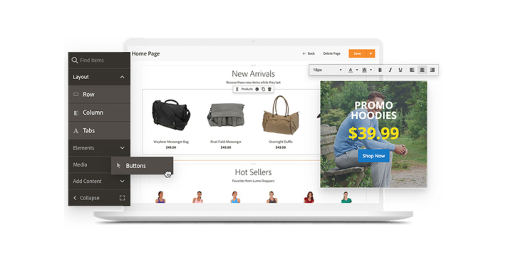 Ansicht des Magento Page Builders auf einem Laptop