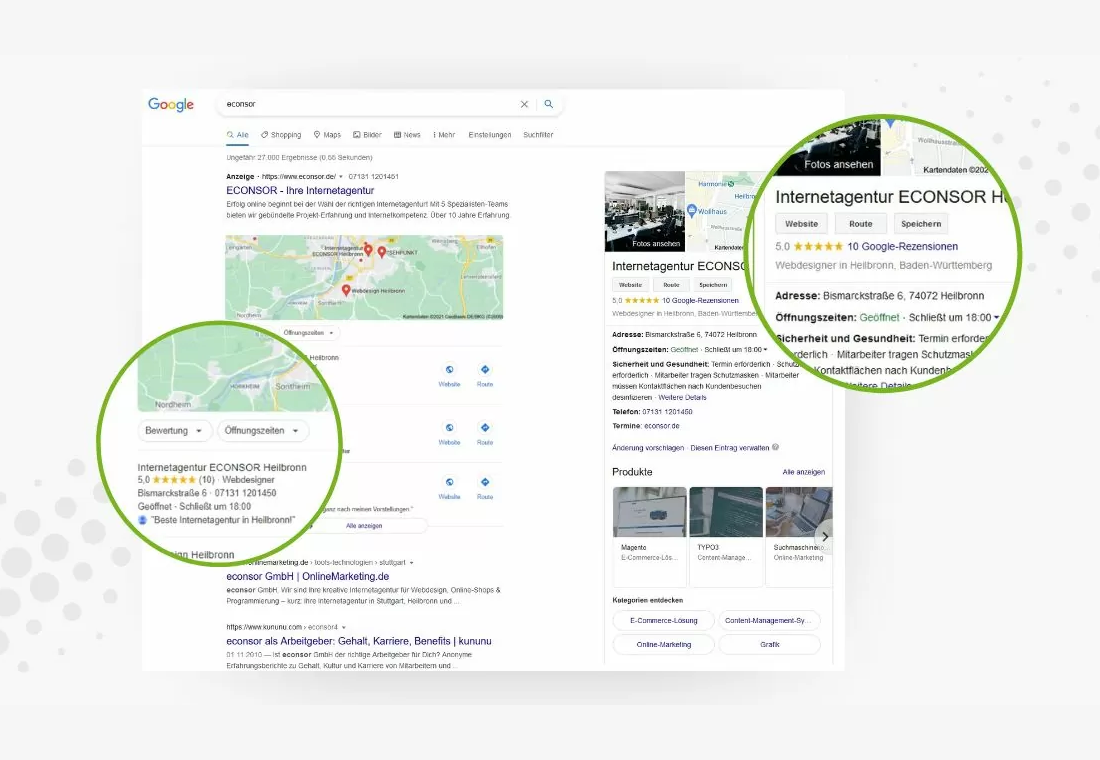 Eine Grafik, die den ECONSOR Firmeneintrag in Google zeigt