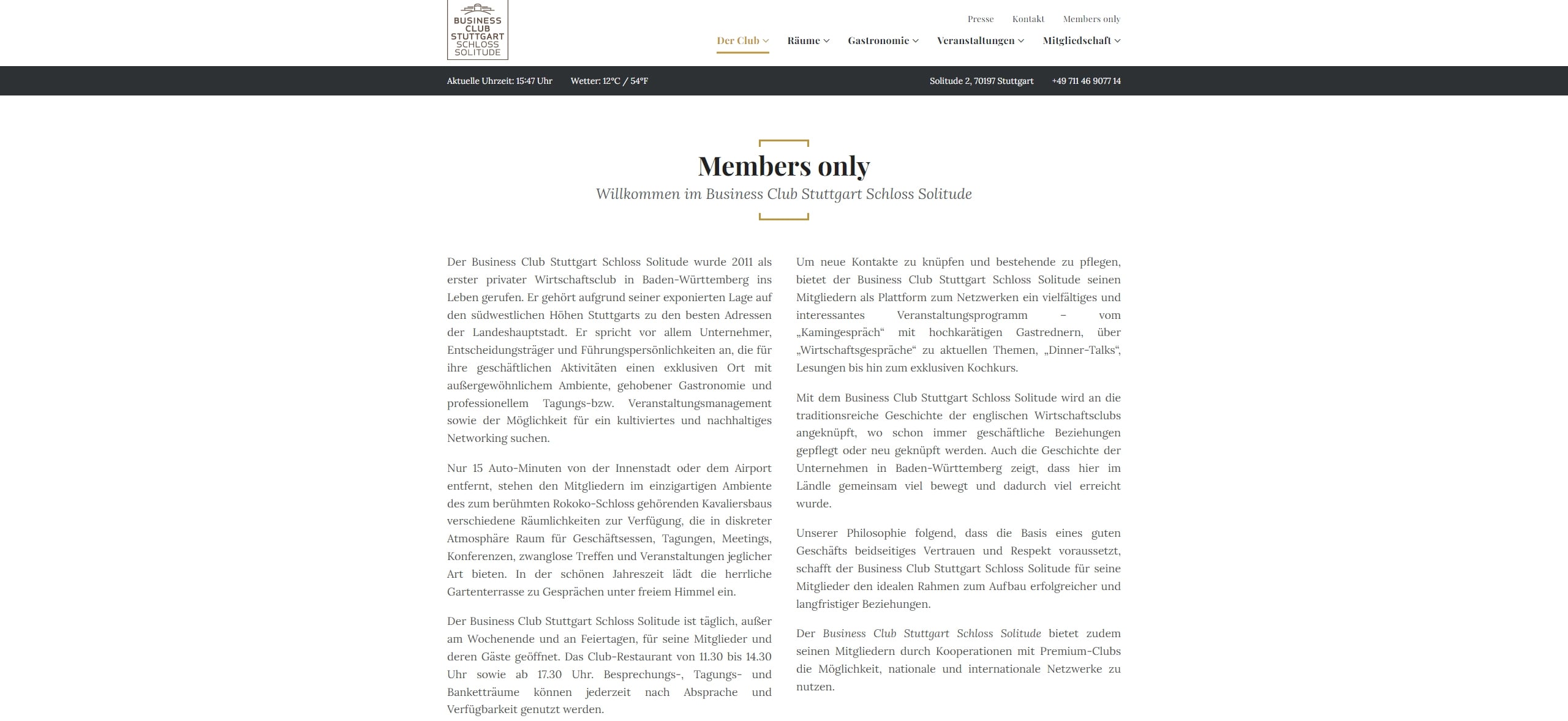 Screenshot Business Club Stuttgart Schloss Solitude Members Club