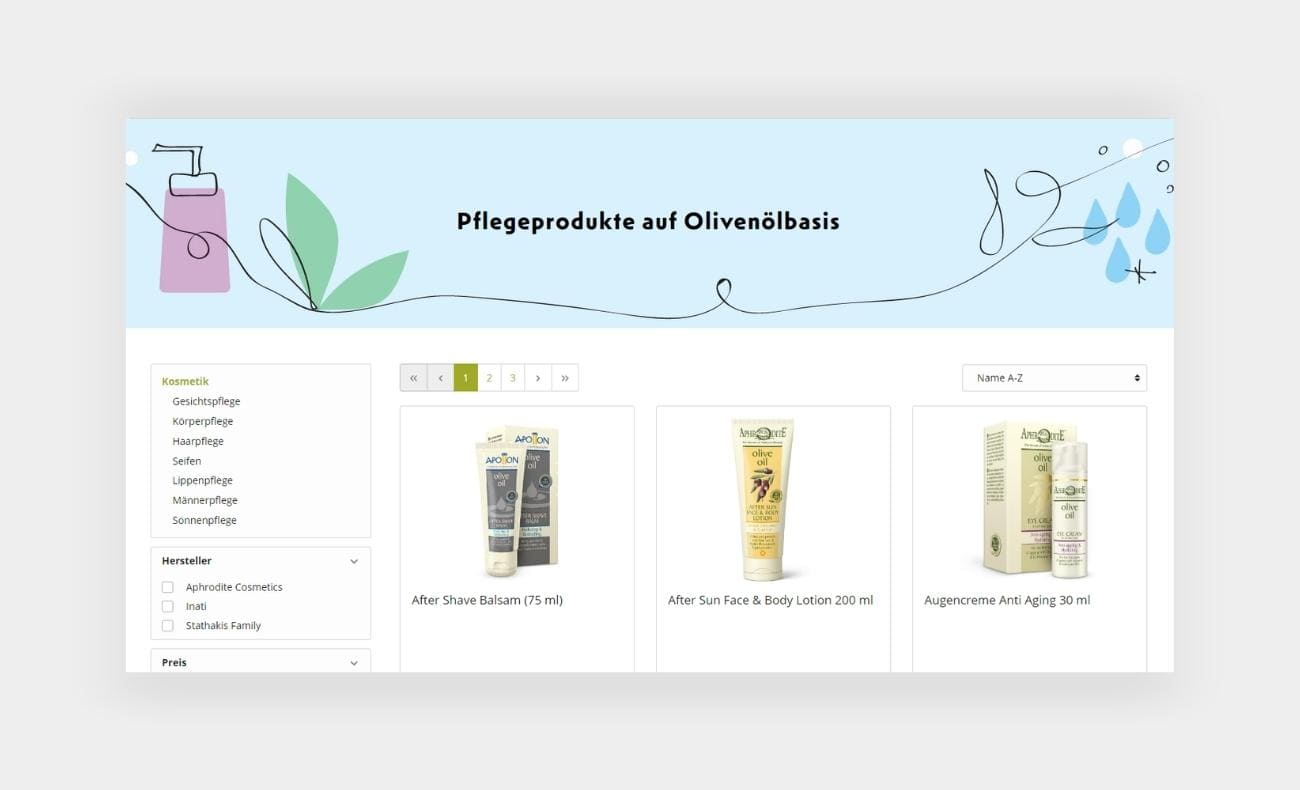 Edesma Referenz der Kategorieseite Kosmetik mit Pflegeprodukten auf Olivenölbasis und der Filteroption auf der linken Seite