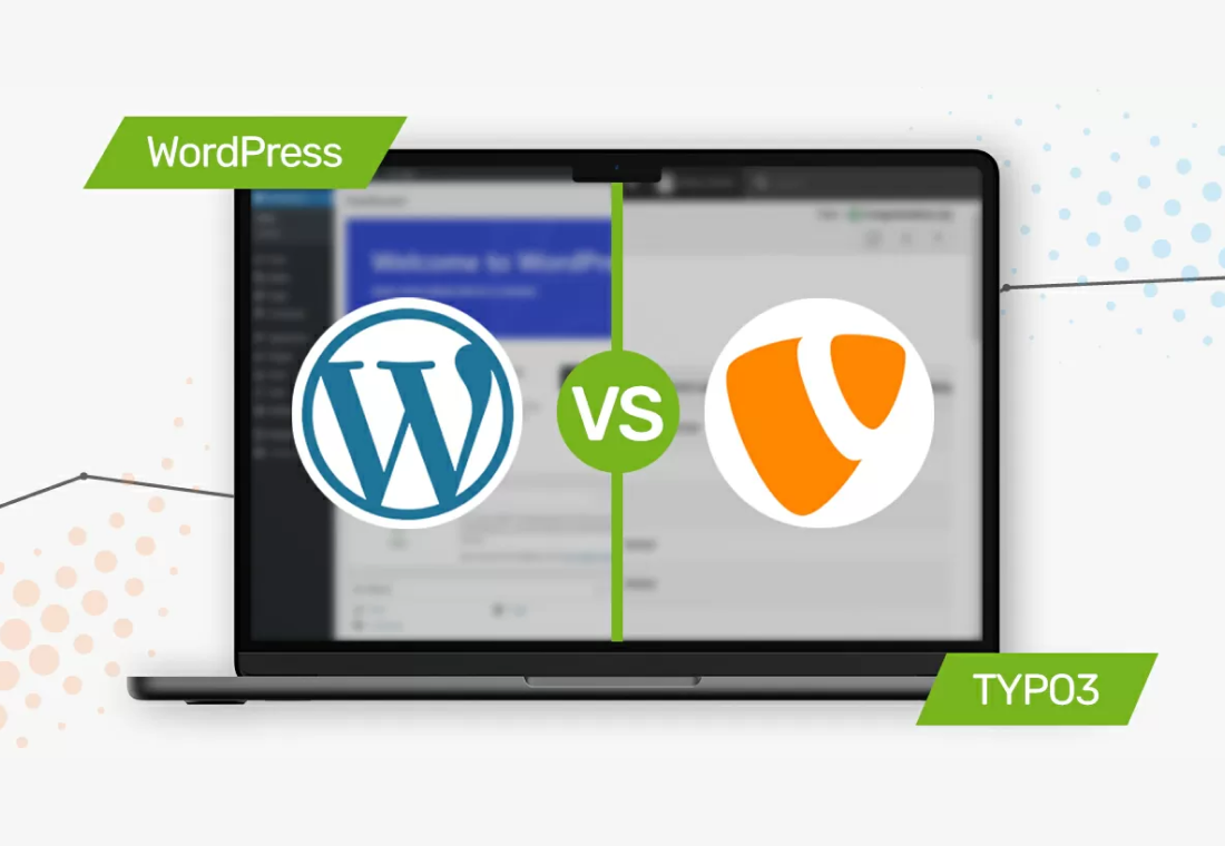 Ein Laptop, der einen Splitscreen mit einem WordPress Logo und mit einem TYPO3 Logo aufzeigt.