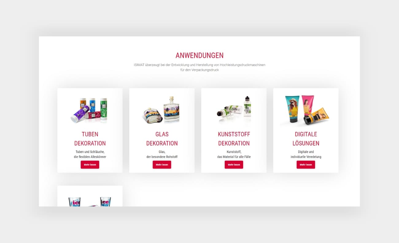 Screenshot der Anwendungen Tuben Dekoration, Glas Deskoration, Kunststoff Dekoration und digitale Lösungen der Isimat Webseite