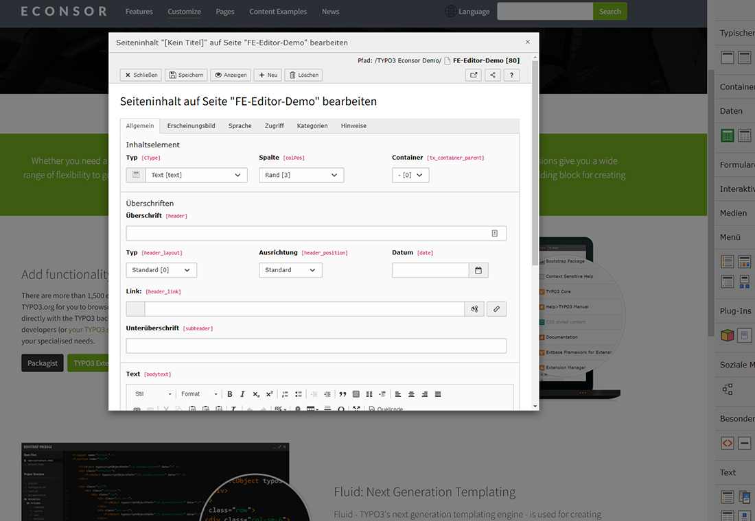 Detailansicht der Eingabemaske eines Blocks im Editiermodus des Frontend-Editors