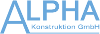 Unternehmenslogo der Alpha Konstruktion GmbH. Hellblaue Wortmarke mit auslaufendem A.