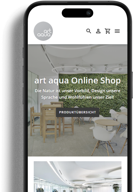 WordPress-Referenz: art aqua Smartphone-Ansicht der art aqua Website mit grünem Living Wall Hintergrund und modernem Interieur. Der Text lautet: 'art aqua Online Shop – Die Natur ist unser Vorbild, Design unsere Sprache und Wohlfühlen unser Ziel!