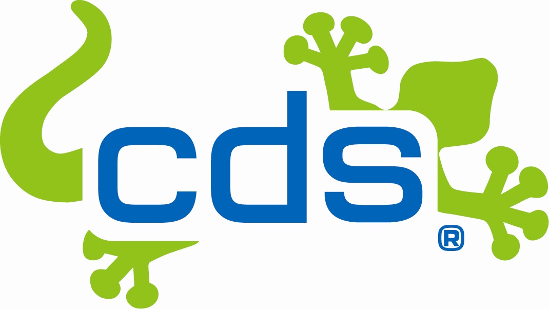 Logo des Unternehmens cds. Dieses besteht aus einem blauen Schriftzug "cds". Um den Schriftzug ist eine hellgrüne Echse abgebildet.