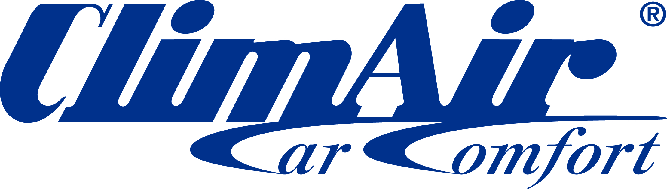 Unternehmenslogo mit dunkelblauem Schriftzug "ClimAir". Darunter kleinerer Schriftzug "Car Comfort".