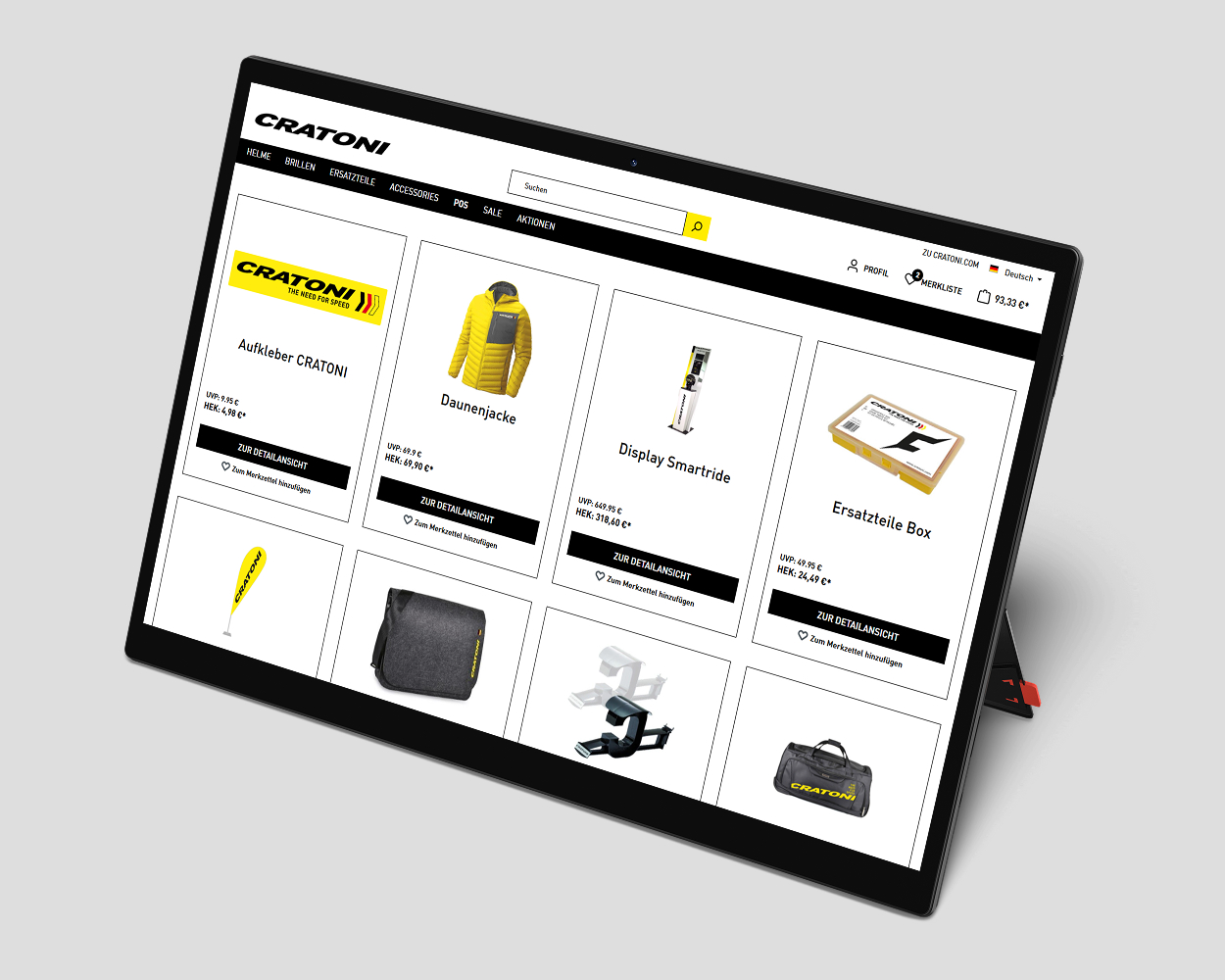 Bildschirm vor grauem Hintergrund mit Ansicht des Cratoni B2B-Shops.
