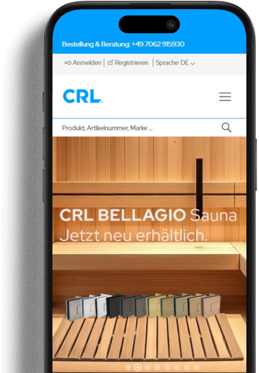 Magento-Agentur Referenz: CRL Online-Shop Mobile Website von CRL mit Sauna-Design im Hintergrund. Der Text im Bild lautet: 'CRL BELLAGIO Sauna – Jetzt neu erhältlich'. Oben befinden sich Suchleiste und Kontaktdaten.