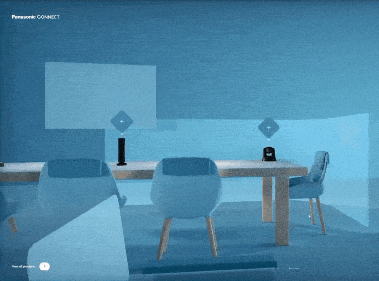 Webseite als interaktive 3D-Welt von technology.panasonic.eu Eine Webseite auf der man sich virtuell in einem Vortragsraum bewegen kann und an verschiedenen Stellen interagieren kann