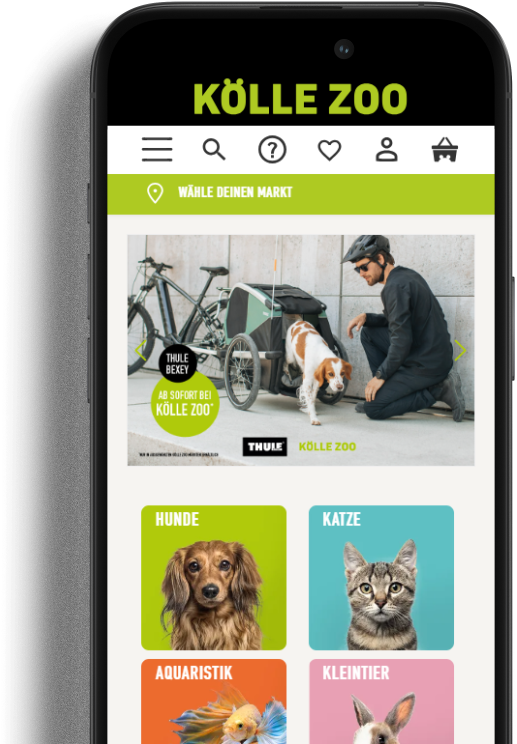 Shopware-Referenz: Kölle Zoo Onlineshop Mobile Ansicht des Kölle Zoo Onlineshops – umgesetzt mit Shopware. Die Startseite zeigt eine Produktempfehlung, Navigationselemente und Tierkategorien wie Hund, Katze, Aquaristik und Kleintier.