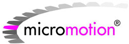 Unternehmenslogo von micromotion, mit schwarzen, grauen und magentafarbenen Bestandteilen.