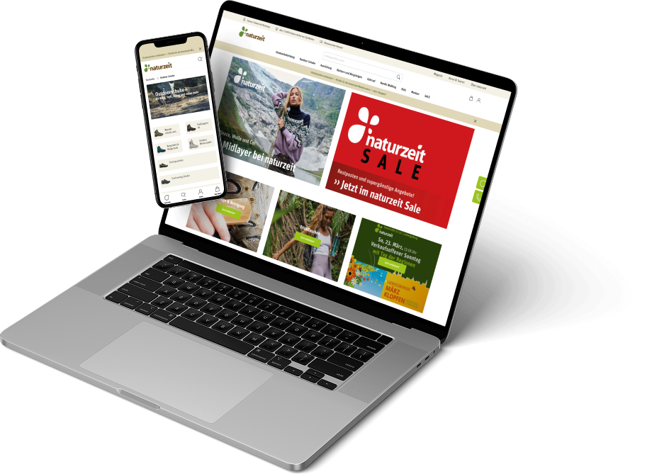 Das Bild zeigt Mockups von einem Laptop und einem Smartphone. Die Bildschirme bilden den Online-Shop von naturzeit ab.