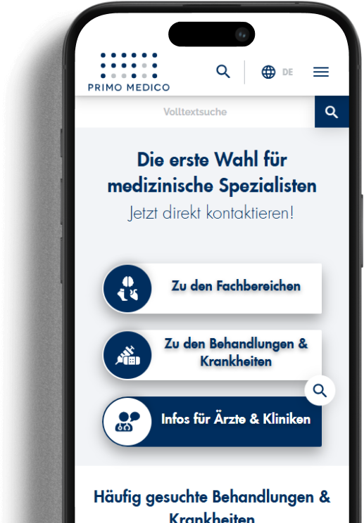 TYPO3-Projekt: Primo Medico Mobile Darstellung der PRIMO MEDICO Website mit dem Text: 'Die erste Wahl für medizinische Spezialisten – Jetzt direkt kontaktieren!' und Schaltflächen zu Fachbereichen, Behandlungen und Infos für Ärzte.