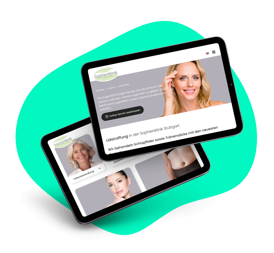 Zwei Tablet-Bildschirme, auf denen verschiedene Seiten der Sophienklinik-Webseite in einer Übersicht dargestellt werden.