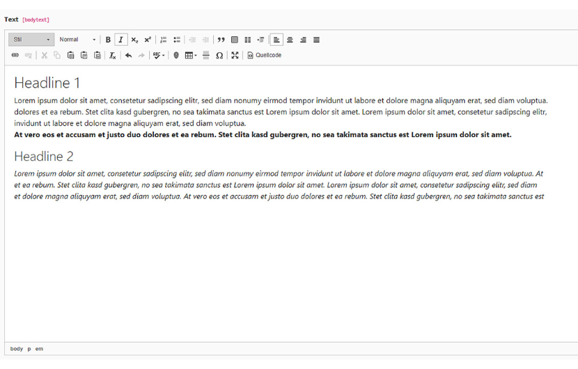 Screenshot von dem TYPO3 Text-Edito