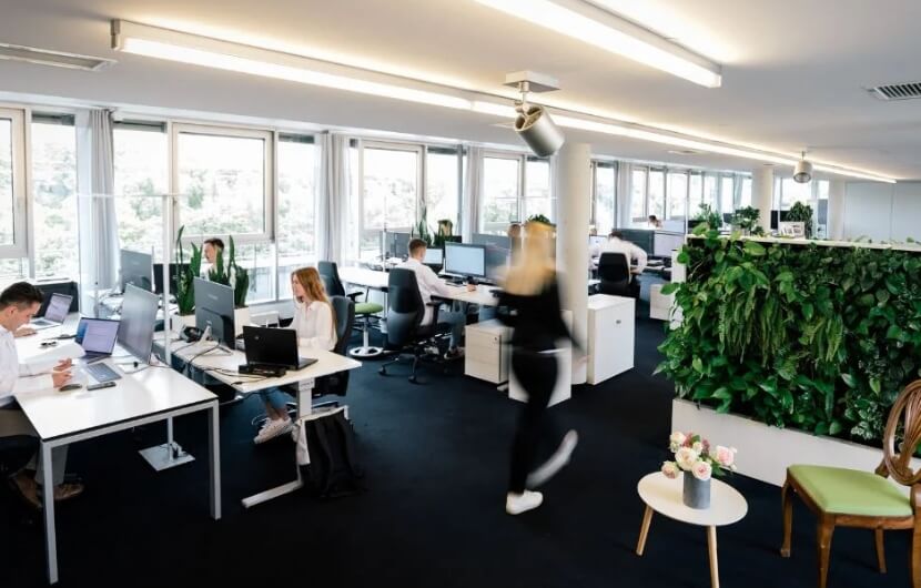 Die Sicht in ein Büro mit neun Mitarbeitern, acht davon sitzen am Schreibtisch, eine läuft gerade durch das Büro
