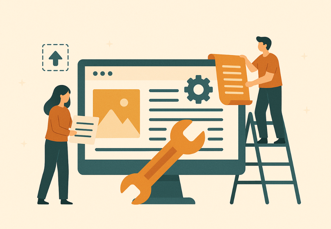 Visualisierung eines Website-Relaunch-Prozesses mit zwei Personen, Monitor und grafischen Elementen.