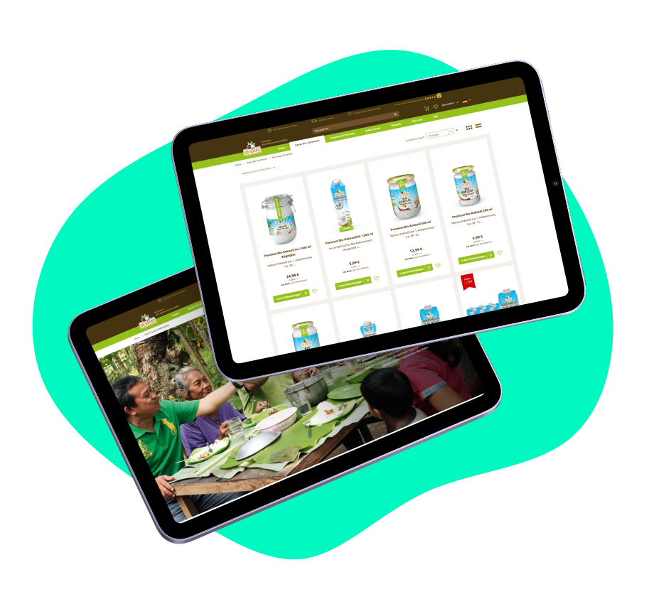 Zwei Tablets liegen auf einer türkisenen Hintergrundgrafik. Auf den Tablets sind Produktseiten des Dr.Goerg-Shops abgebildet.