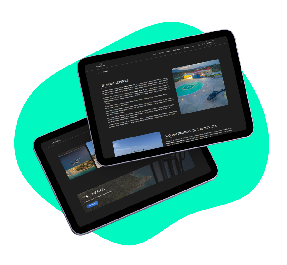 Zwei Tablets liegen auf einer türkisenen Hintergrundgrafik. Auf den Tablets ist die HELISTAR-Website abgebildet.