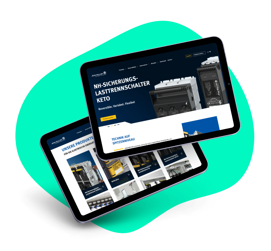 Zwei Tablets liegen auf einer türkisenen Hintergrundgrafik. Auf den Tablets sind Seiten der Jean Müller-Website abgebildet.