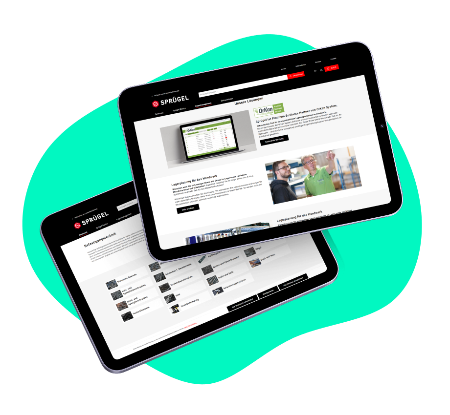 Zwei Tablets liegen auf einer türkisenen Hintergrundgrafik. Auf den Tablets sind Produktseiten des Sprügel-Shops abgebildet.