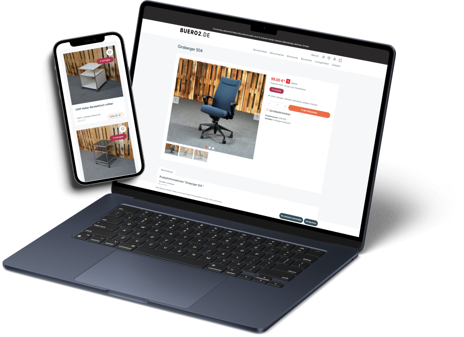 Das Bild zeigt Mockups von einem Laptop und einem Smartphone. Die Bildschirme bilden den Online-Shop von Buero2 ab.