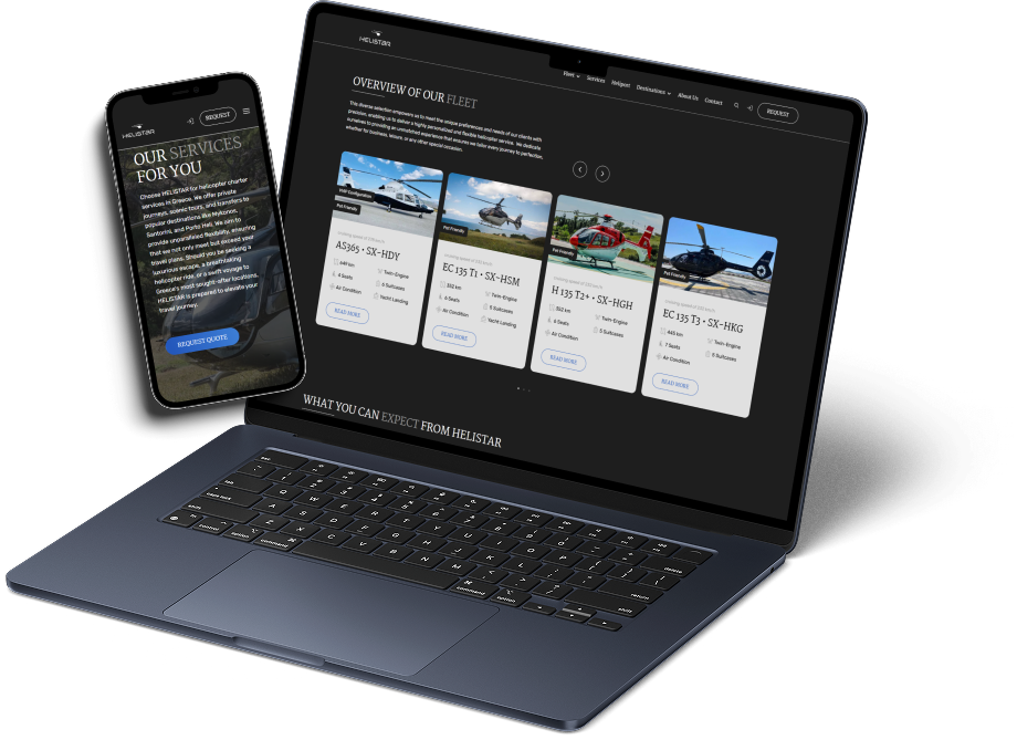 Das Bild zeigt Mockups von einem Laptop und einem Smartphone. Die Bildschirme bilden die Website von HELISTAR ab.