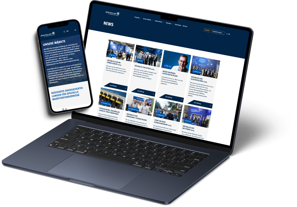 Das Bild zeigt Mockups von einem Laptop und einem Smartphone. Die Bildschirme bilden die Website von Jean Müller ab.