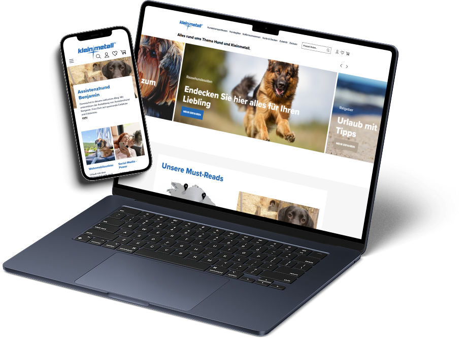 Das Bild zeigt Mockups von einem Laptop und einem Smartphone. Die Bildschirme bilden den Online-Shop von Kleinmetall ab.