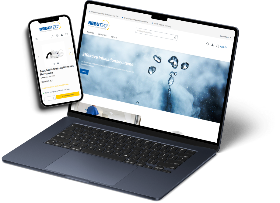 Das Bild zeigt Mockups von einem Laptop und einem Smartphone. Die Bildschirme bilden den Online-Shop von NEBU-TEC ab.