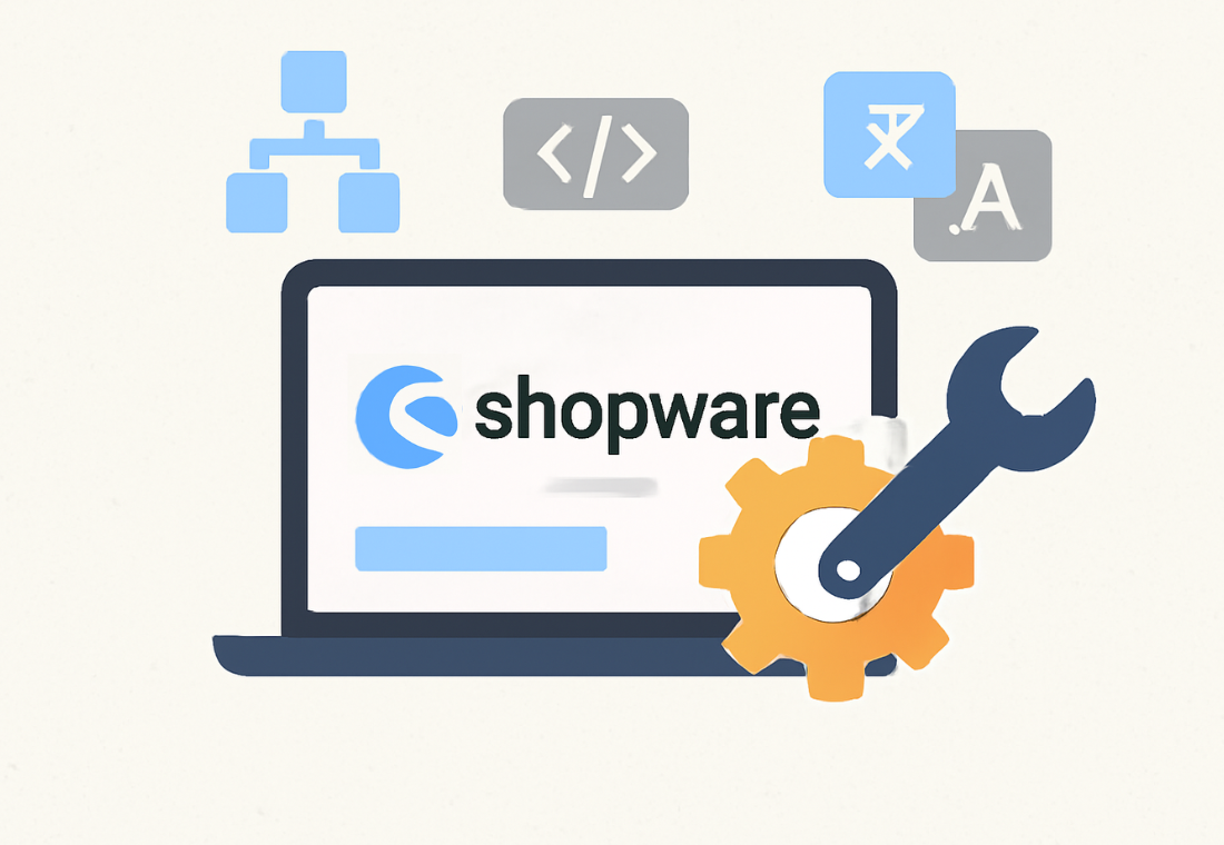 Grafik, die einen Laptop mit Shopware Logo auf dem Bildschirm zeigt