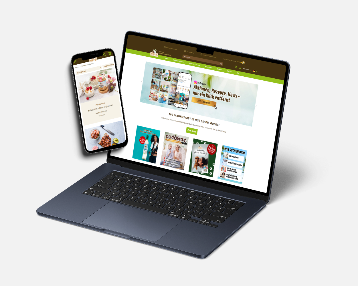 Ein Laptop und ein Smartphone schweben vor grauem Hintergrund. Auf den Bildschirmen ist der Dr. Goerg-Shop abgebildet.