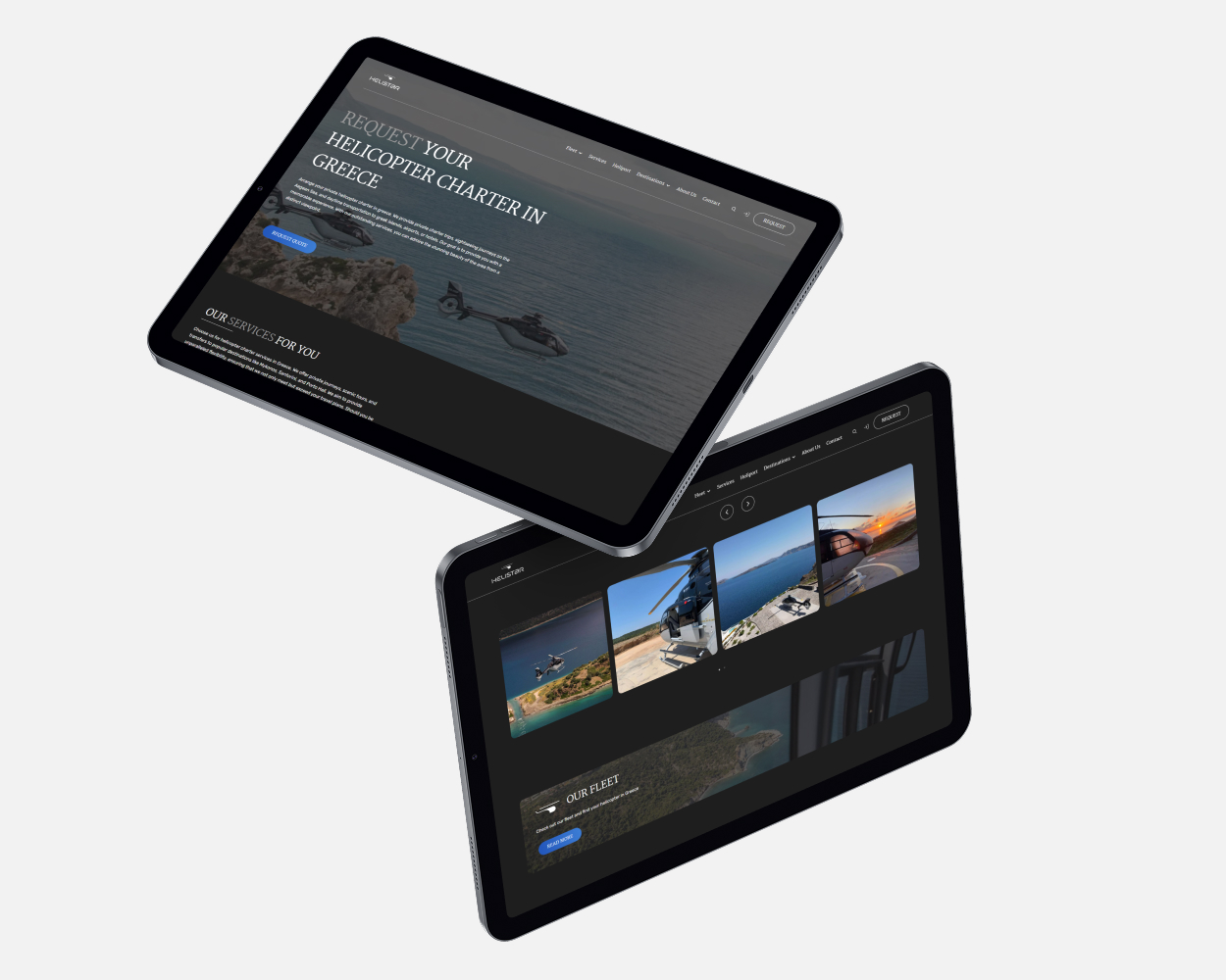 Zwei schwebende Tablets vor grauem Hintergrund mit der abgebildeten HELISTAR-Website.