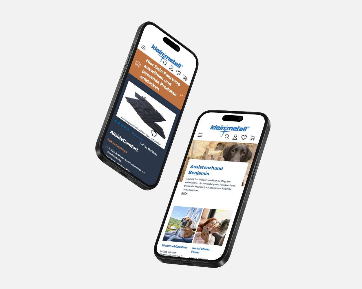 Zwei Smartphones schweben vor einem grauen Hintergrund. Auf den Bildschirmen ist der Kleinmetall-Shop abgebildet.