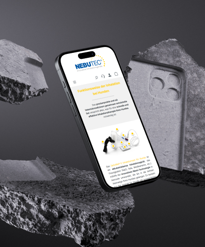 Ein Smartphone ist in einen Hintergrund mit Steinen eingebunden. Auf dem Bildschirm des Smartphones ist der NEBU-TEC-Shop abgebildet.