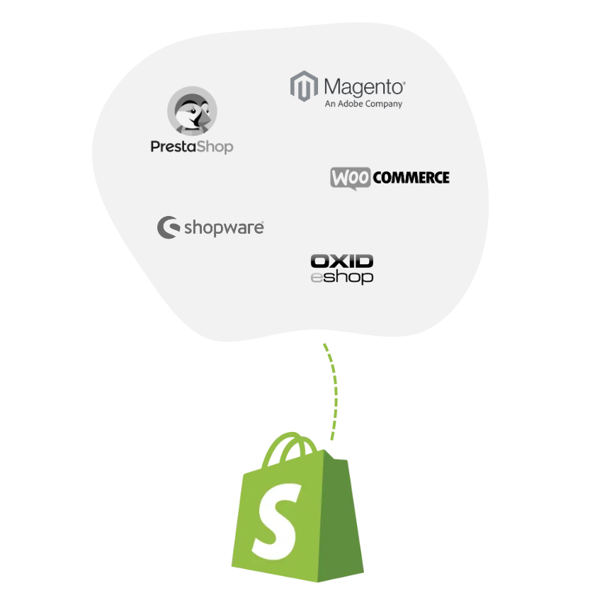 Das Logo von Shopify, darüber eine Bubble mit den Logos mehrerer anderer Shopsysteme