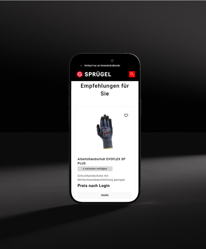 Ein Smartphone steht hochkant auf einem düsteren Hintergrund Auf dem Bildschirm des Smartphones ist der Sprügel-Shop abgebildet.