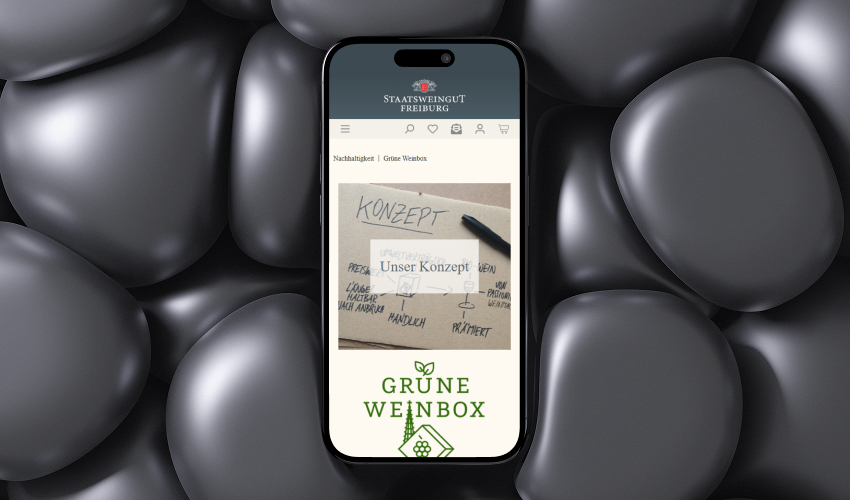 Ein Smartphone liegt flach auf einer dunklen, steinigen Oberfläche. Auf dem Bildschirm des Smartphones ist der Staatsweingut Freiburg-Shop abgebildet.