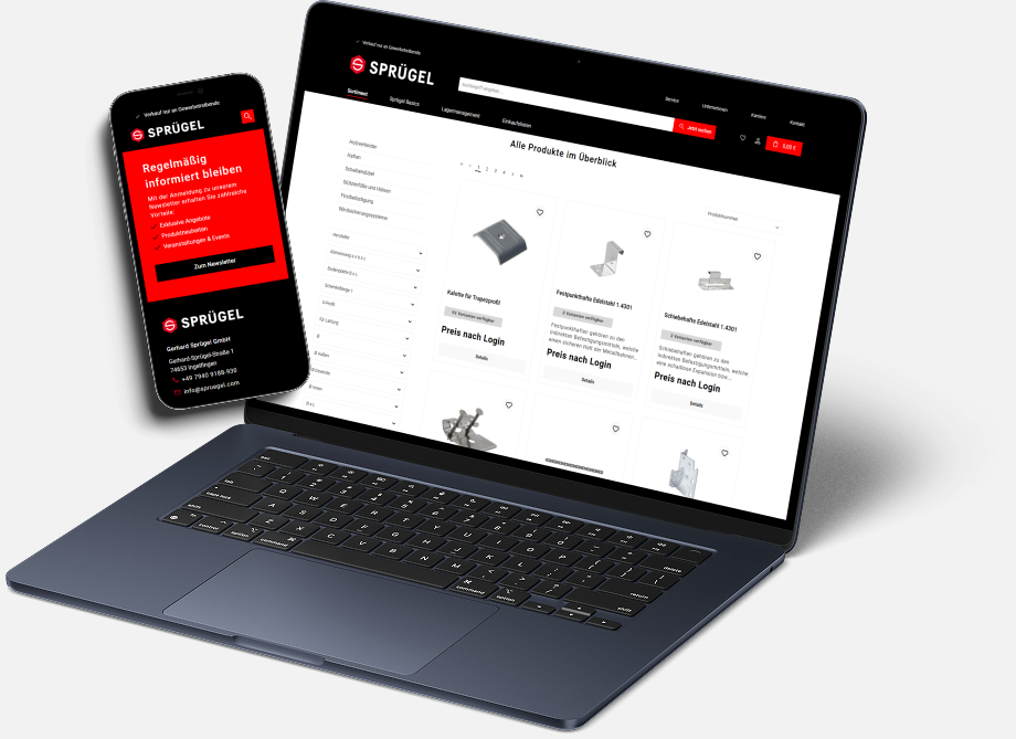 Das Bild zeigt Mockups von einem Laptop und einem Smartphone vor grauem Hintergrund. Die Bildschirme bilden den Online-Shop von Sprügel ab.
