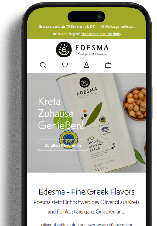 EDESMA Hero Shopify Ein Bildschirm eines Smartphones, welcher die Startseite des EDESMA-Shops abbildet.