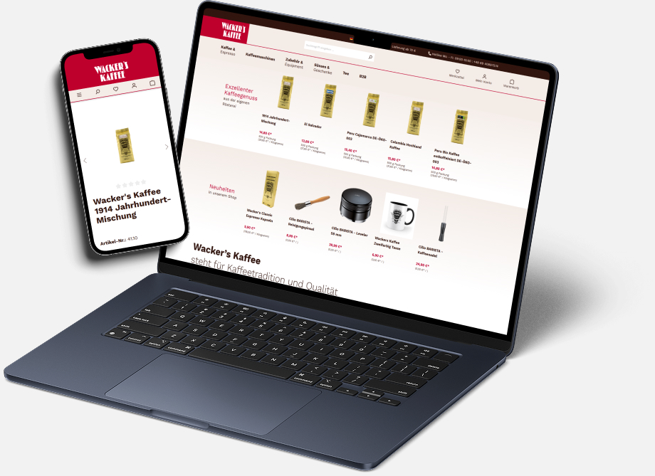 Das Bild zeigt Mockups von einem Laptop und einem Smartphone vor grauem Hintergrund. Die Bildschirme bilden den Online-Shop von Wacker's ab.