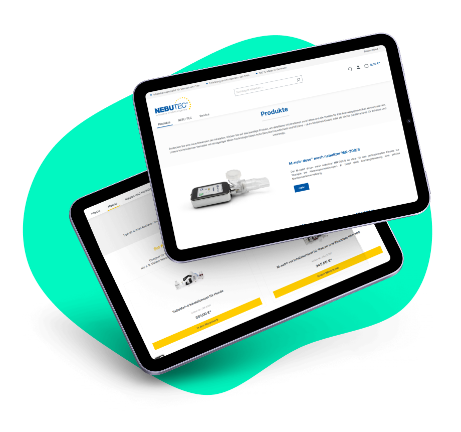 Zwei Tablets liegen auf einer türkisenen Hintergrundgrafik. Auf den Tablets sind Produktseiten des NEBU-TEC-Shops abgebildet.