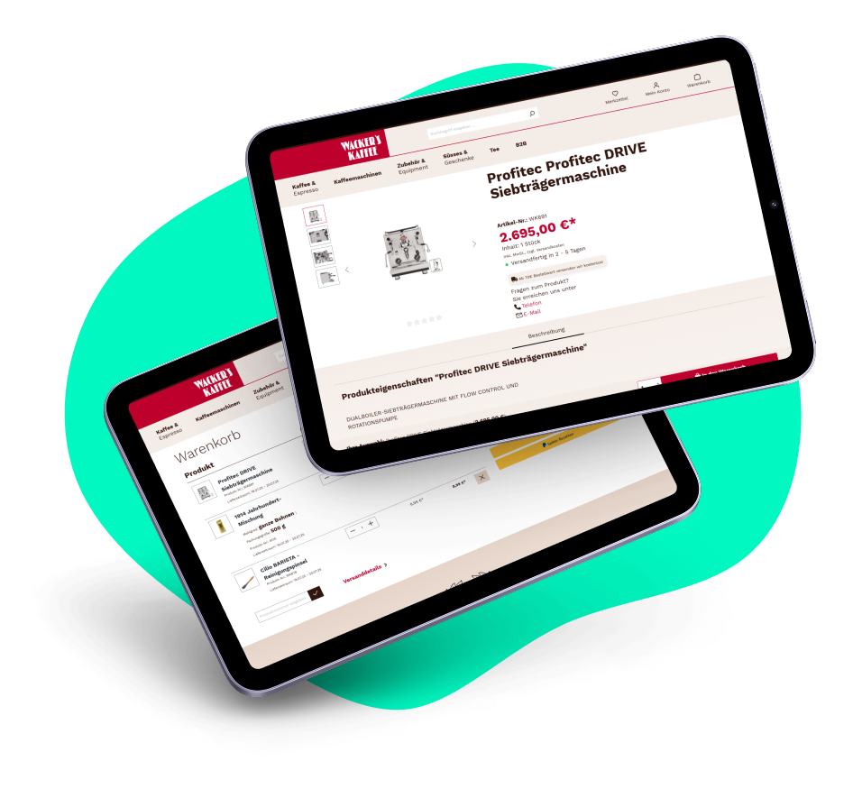 Zwei Tablets liegen auf einer türkisenen Hintergrundgrafik. Auf den Tablets sind Produktseiten des Wacker's-Shop abgebildet.