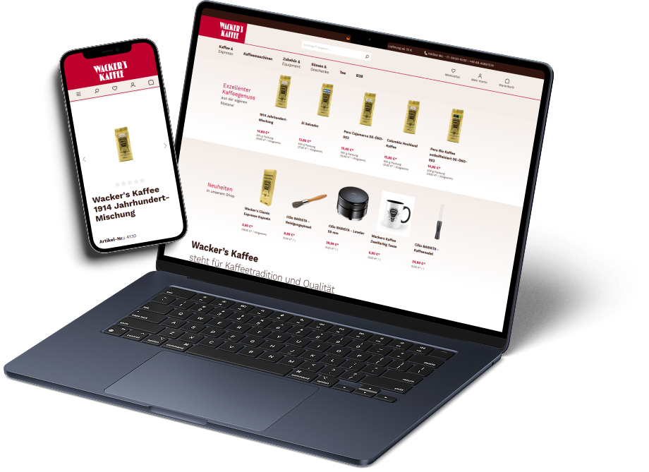 Das Bild zeigt Mockups von einem Laptop und einem Smartphone. Die Bildschirme bilden den Online-Shop von Wacker's ab.