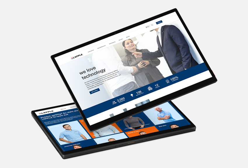 Zwei Tablets schweben vor grauem Hintergrund. Auf den Tablets ist die LÄPPLE-Website abgebildet.