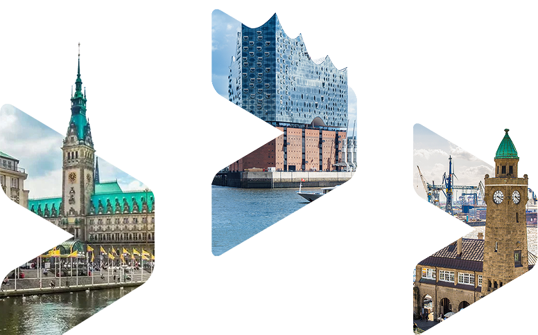 Collage aus Hamburg-Motiven: Hamburger Rathaus, Elbphilharmonie und der Hamburger Hafen in geometrischen Formen