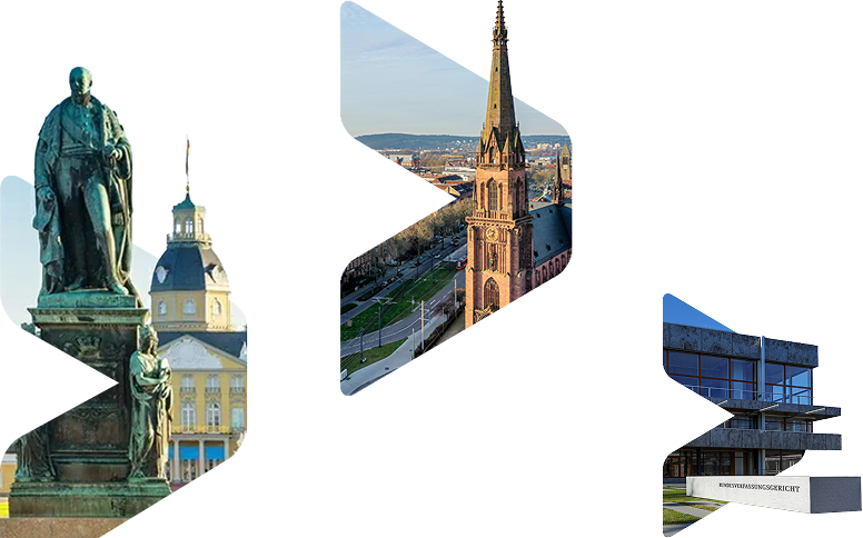 Collage aus Karlsruhe-Motiven: Karl-Friedrich-Denkmal, Bernhard Kirche und das Bundesverfassungsgericht in geometrischen Formen