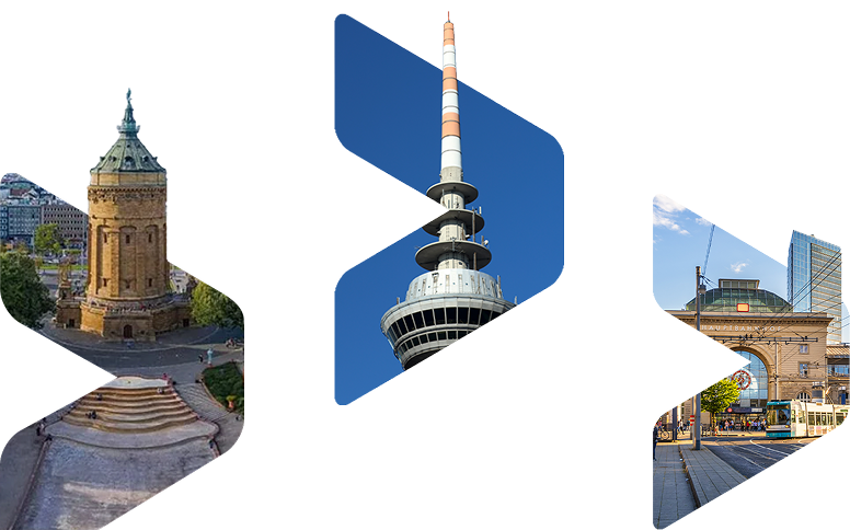 Collage aus Mannheim-Motiven: Wasserturm, Fernsehturm und der Hauptbahnhof in geometrischen Formen