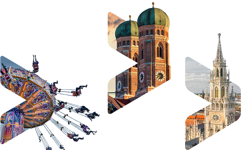Collage aus München-Motiven: Kettenkarussell, Frauenkirche und der Marienplatz in geometrischen Formen